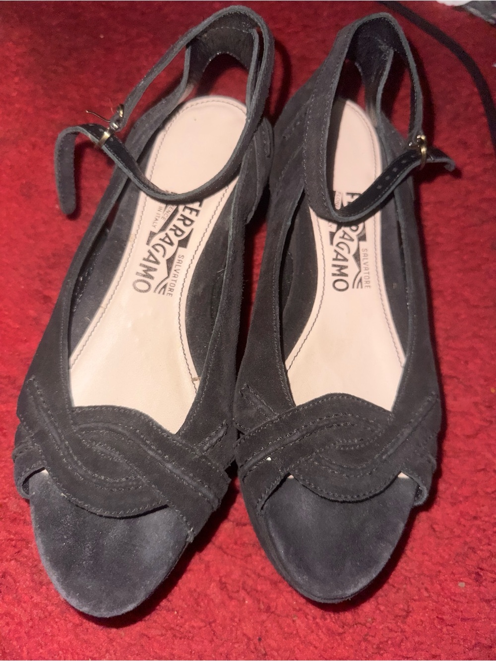 Salvatore Ferragamo Black Suede Peep-Toe Slingback Heels with Scallop Detail
